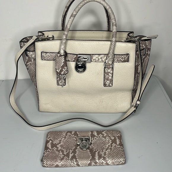 MICHAEL Michael Kors Handbags - Michael Michael Kors Hamilton Bag & Wallet EUC cream & brown snakeskin embossed
